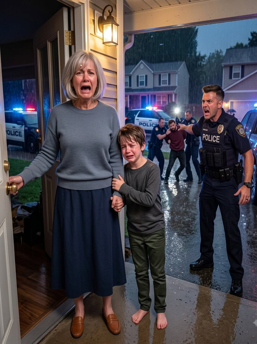 On a tempestuous evening, a terrified young boy knocked frantically on my door, sobbing, “Please help… I have no other place to turn.” I let him in just as police lights flashed outside. Attempting to stay composed, I walked out onto the porch—then stopped in my tracks. The officer in front of me was my own son, and what he said next rendered me speechless.